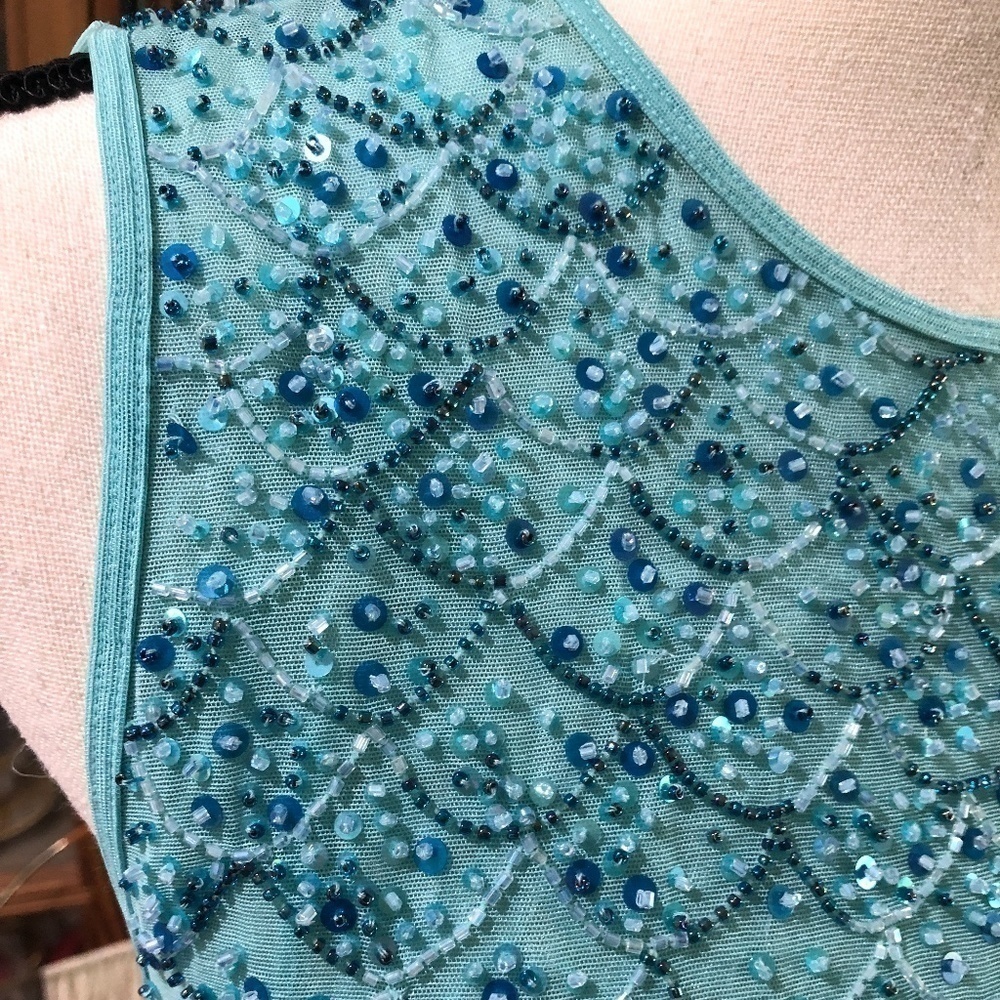 𝅺ESCADA Vintage '90s Sleeveless Turquoise Beaded Shell Top M - Picture 4 of 15